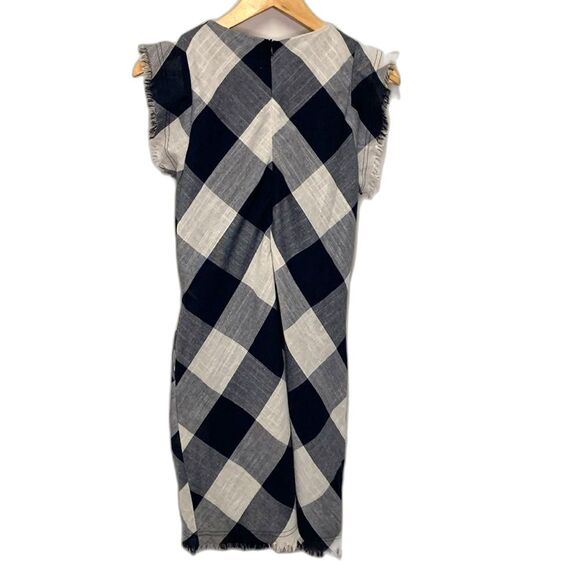 THML Navy White Large Check Frayed SS Boho Embroidered Knee Length Dress Size M - Picture 4 of 16